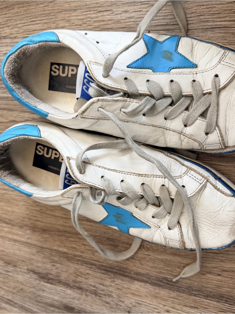 Golden Goose White Leather Sneakers with Blue Star Accents